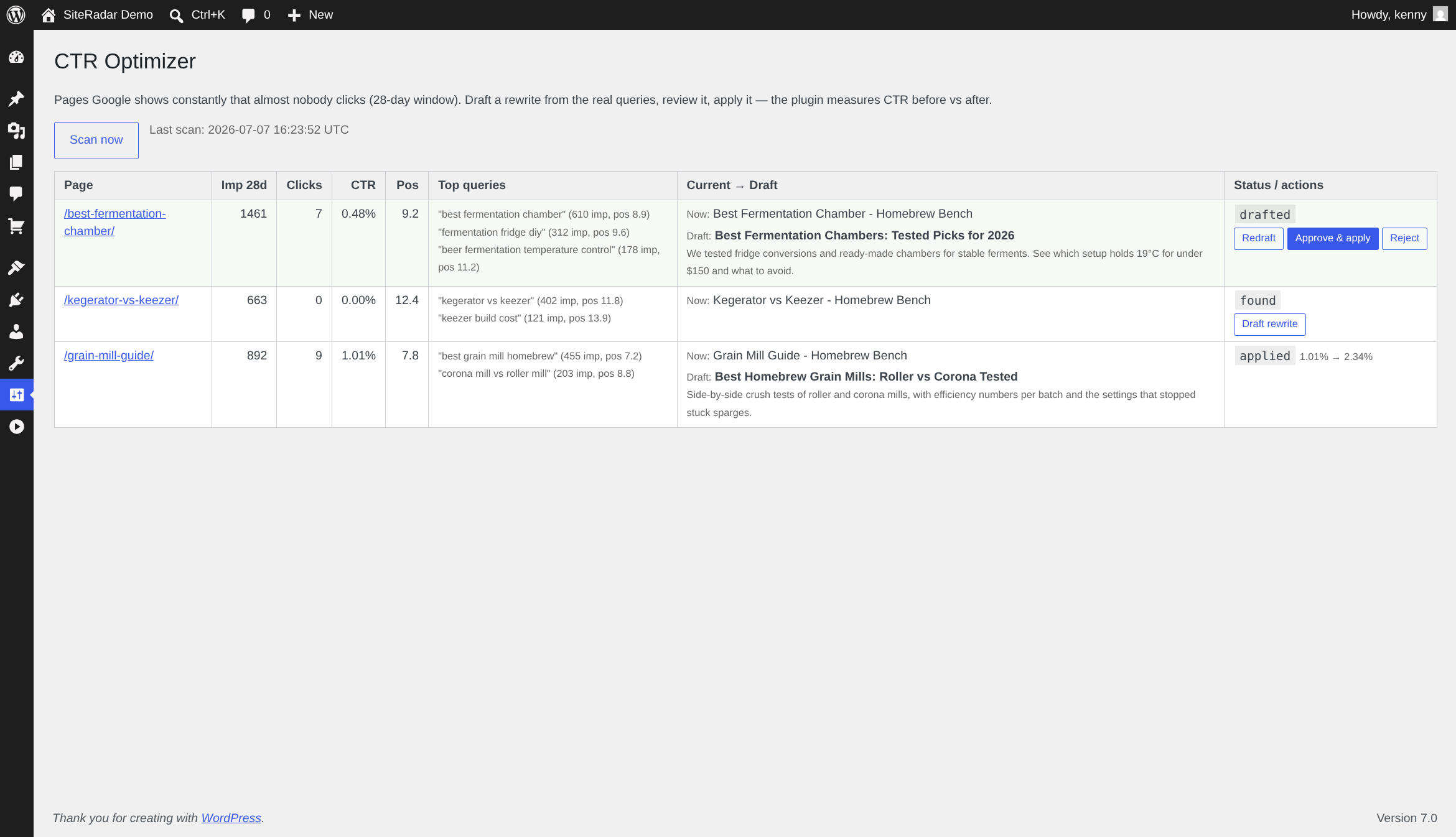 CTR optimizer queue: a page with 1,461 impressions and 7 clicks has a drafted title rewrite awaiting approval; an applied row shows CTR measured from 1.01% to 2.34%